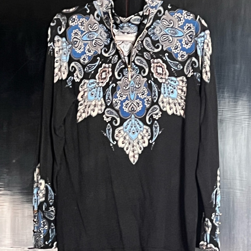 Chico's Black Tunic with Blue and Cream Paisley Embroidery